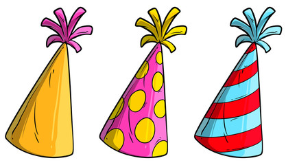 Cartoon colorful holiday cone hats or caps. Isolated on white background. Vector icon set.