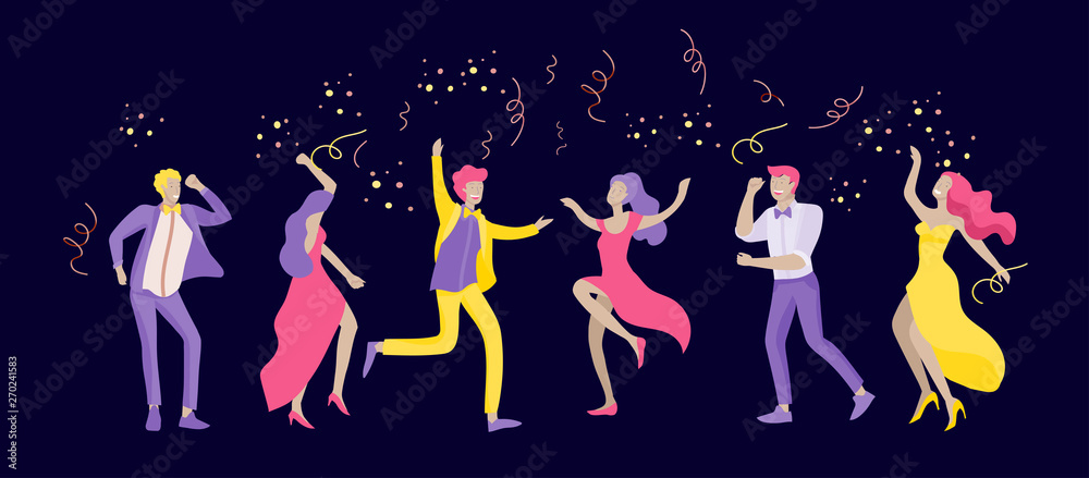 Group of smiling young people or students in evening dresses and tuxedos, happy Jumping and dansing. Prom party, prom night invitation, promenade school dance concept. Vector illustration concept - obrazy, fototapety, plakaty 