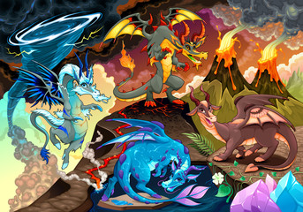 Wall Mural - Cycle of air, earth, fire, and water with each dragon