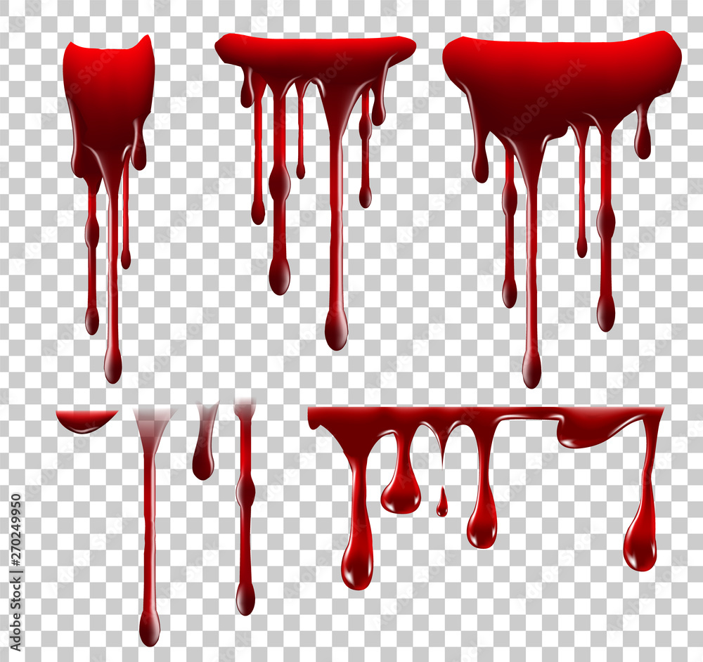 Realistic Halloween blood isolated on transparent background. Blood Drops and splashes. Can be used on halloween design, medical, healthcare, flyers, banners or web. Vector blood illustration. EPS 10. - obrazy, fototapety, plakaty 