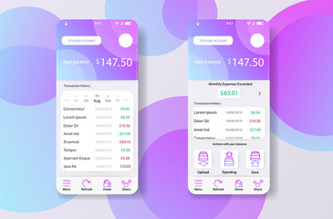 Smartphone widjet mobile app user interface desing finance money planning app. UI, UX, GUI web style, minimalistic flat gradient halftone desing. Vector illustration. Eps 10. Vector.