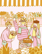 3 Women Browse The Spring Flower Market Illustration