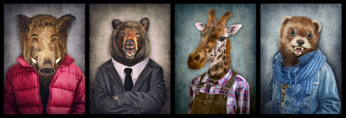 Animals in clothes. People with heads of animals. Concept graphic, photo manipulation for cover, advertising, prints on clothing and other. Boar, bear, giraffe, weasel.