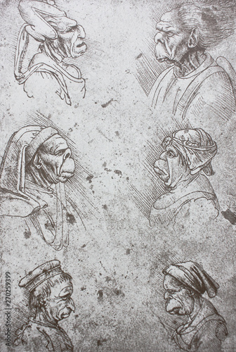 Naklejki Leonardo da Vinci  karykatury-roznych-ludzi-autorstwa-leonarda-da-vinci-w-zabytkowej-ksiazce-leonardo-da-vinci