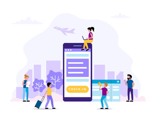 Aufkleber - Check-in, concept illustration with smartphone, boarding pass. Small people doing various tasks. Vector