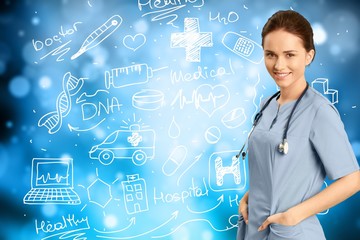 Poster - Attractive young female doctor on blue background