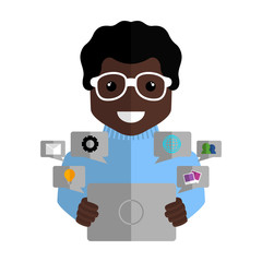 Community manager with a tablet and social media icons - Vector