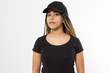 © ladyalex - Template blank black t shirt and baseball hat. African american woman in summer clothes with copy space isolated on white background. Afro hairstyle. Mock up, place for print. Closeup girl front view