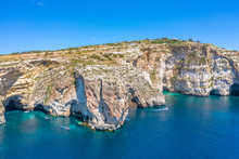Blue Grotto In Malta, Aerial View From The Mediterranean Sea To The Island.