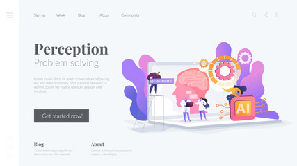 Poster - brain with neural network on laptop and scientists, tiny people. artificial intelligence,machine lea