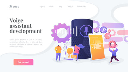 Smart assistant applications, voice application platform, voice assistant development concept. Website homepage header landing web page template.