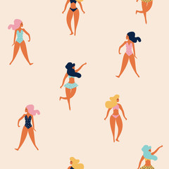 Seamless pattern with funny girls on the beach. Trendy summer print. Vector hand drawn illustration.