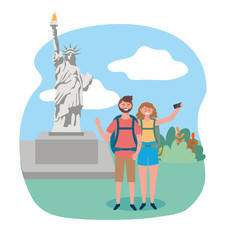 Sticker - woman and man couple with backpack talking a picture