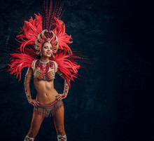 Happy Beautiful Brasil Dancer In Red Feather Costume Is Dancing On Small Scene.