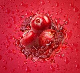 Sweet fresh cranberry juice or smoothie splash swirl with ripe cranberries. Red berry juice 3D splashing. Fruit advertising design element on colorful background with berry juice drops