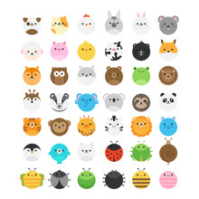 Cute Animals Vector Icon Set. Domestic, Farm, Zoo, Forest, Garden, Wild Animal Round Design Illustrations. Mammals, Birds And Insect Icon Collection. Isolated.