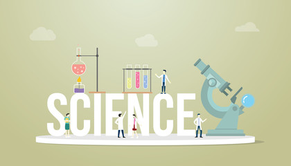 Poster - science words concept with team people doctor laboratory tools with microscope and tube with modern flat style - vector
