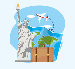 Canvas Print - liberty statue with global map and baggage