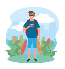 Poster - travel man wearing sunglases with camera and backpack