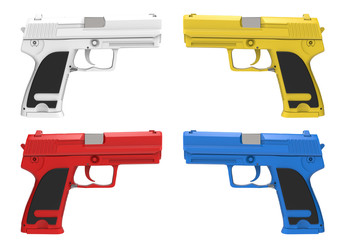 Modern pistols and hand guns in various colors