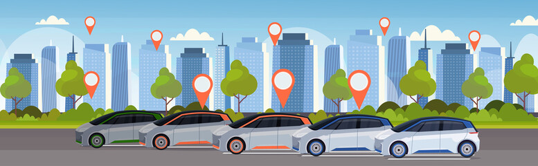 cars with location pin on parking online ordering taxi car sharing concept mobile transportation carsharing service modern city street cityscape background flat horizontal