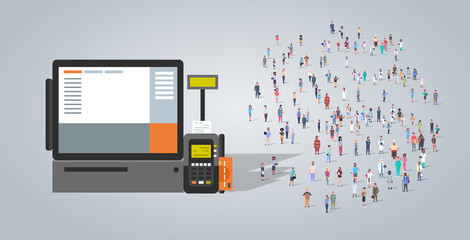 Poster - people group near pos terminal cash machine different occupation employees mix race workers crowd electronic payment concept horizontal full length flat