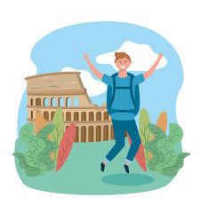 Sticker - travel man jumping with backpack and colosseum destination