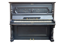 Old-fashioned Antique Ornamental Piano With Carved Pillars. After Restoration