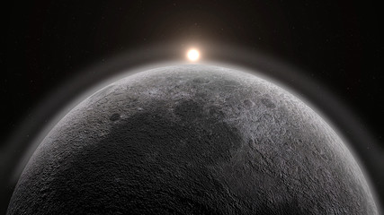 Wall Mural - moon and sun 3d rendering. realistic luna, eclipse and rising sun from background.