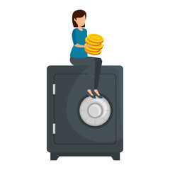 Wall Mural - young woman with coins seated in safe box