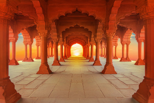 interiors of red fort in delhi at sunset, india