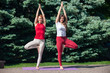 © biggur - Two beautiful and happy young women doing yoga exercises and in the park on a sunny day in close-up