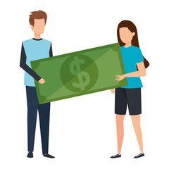 Canvas Print - young couple lifting bill money dollar characters