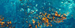 Abstract art texture background. Islands in ocean aerial view. Beautiful teal blue and orange paint splotch with flowing effect.