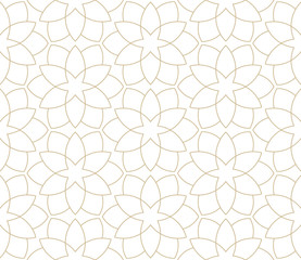 Wall Mural - Modern simple geometric vector seamless pattern with gold flowers, line texture on white background. Light abstract floral wallpaper, bright tile ornament