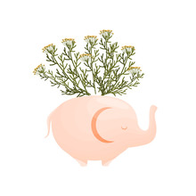 Small Yellow Wildflowers In An Elephant-shaped Vase. Vector Illustration On White Background.