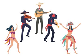 Collection of men playing music at carnival. Group of happy Brazilians showing traditional dances. Vector illustration for traveling video, advertisement, brochure