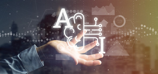 Poster - business man holding artificial intelligence icon with half brain and half circuit 3d rendering