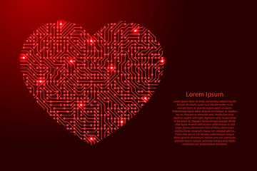 Leinwandbilder - Heart icon symbol of love from printed board, chip and radio component with red star space on the contour for banner, poster. Computer electronics processor motherboard. Vector illustration.