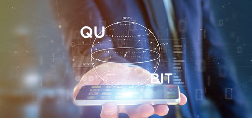 Poster - Businessman holding Quantum computing concept with qubit icon 3d rendering