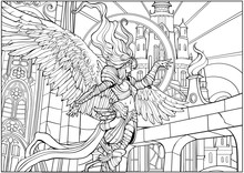 Coloring Page For Adults Lovely Angel Woman On The Background Of A Huge Castle