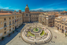 View Of Baroque Piazza Pretoria And The Praetorian Fountain In Palermo, Sicily, Italy.