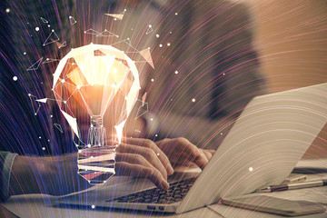 Poster - Growing arrows with businessman working on computer on background. Success concept. Double exposure.
