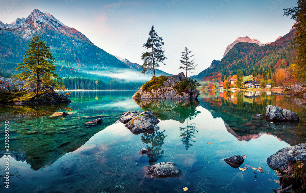 Obraz na płótnie Beautiful autumn scene of Hintersee lake. Colorful morning view of Bavarian Alps on the Austrian border, Germany, Europe. Beauty of nature concept background. w salonie