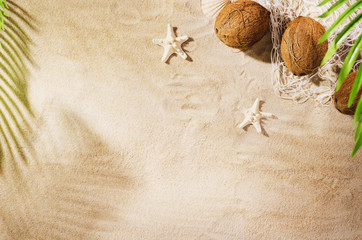 Sandy beach background top view with visible sand texture. Backdrop for mockups and advertising.