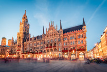 Great Evening View Of Marienplatz - City-center Square & Transport Hub With Towering St. Peter's Church, Two Town Halls And A Toy Museum, Munich, Bavaria, Germany, Europe.
