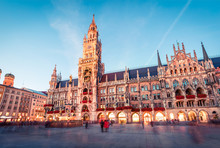 Fantastic Evening View Of Marienplatz - City-center Square & Transport Hub With Towering St. Peter's Church, Two Town Halls And A Toy Museum, Munich, Bavaria, Germany, Europe.