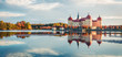 Exciting morning panorama of Moritzburg Baroque palace surrounded by a lake. Great autumn sunrise in Saxony, Dresden location, Germany, Europe. Traveling concept background.