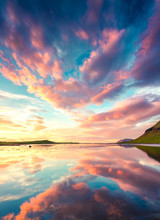 Colorful Summer Sunset Near Grundarfjordur Town. Evening Scene On The Snaefellsnes Peninsula, Iceland, Europe. Beauty Of Nature Concept Background.
