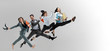 © master1305 - Happy office workers jumping and dancing in casual clothes or suit with folders isolated on studio background. Business, start-up, working open-space, motion and action concept. Creative collage.